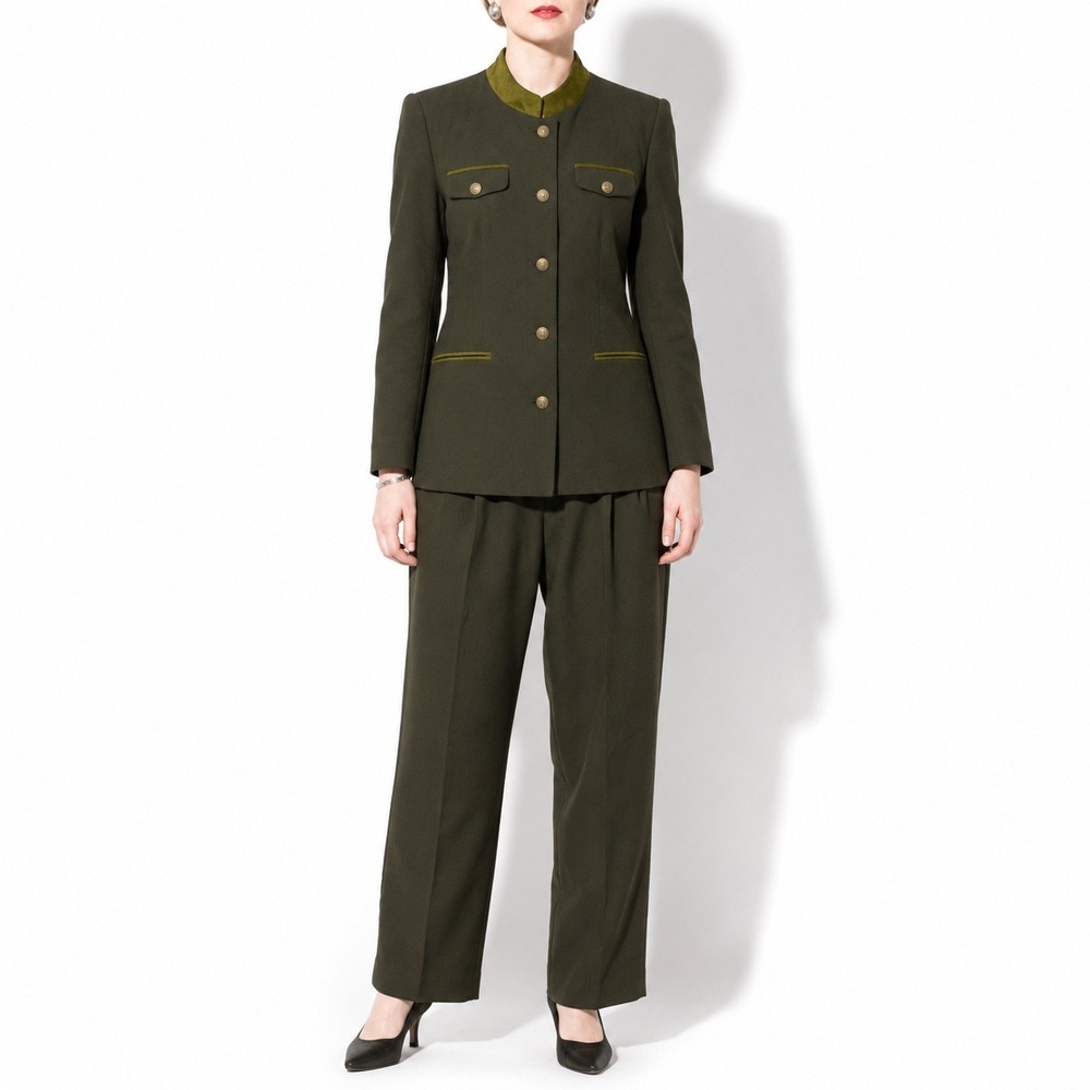90s Vintage Military Pant Suit Women 10 Forest Green 2 Piece Set Contrast Collar